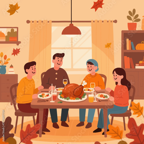 Happy family gathered around a festive dinner table with roast turkey and fall decorations in a cozy dining room