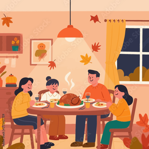 Happy family gathered around a festive dinner table with roast turkey and fall decorations in a cozy dining room
