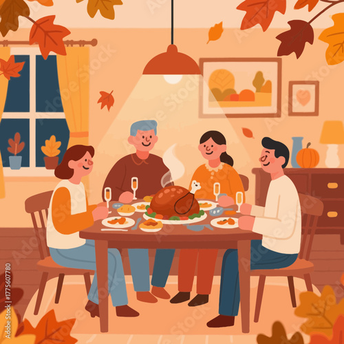 Happy family gathered around a festive dinner table with roast turkey and fall decorations in a cozy dining room