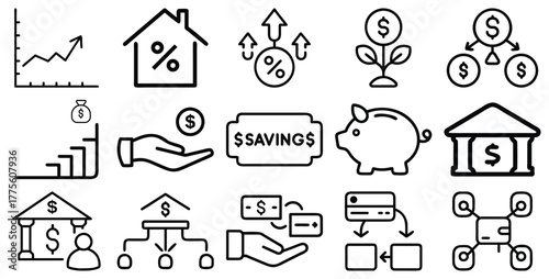 Vector set of finance and business icons symbols for web design featuring home, car, money, and people illustration