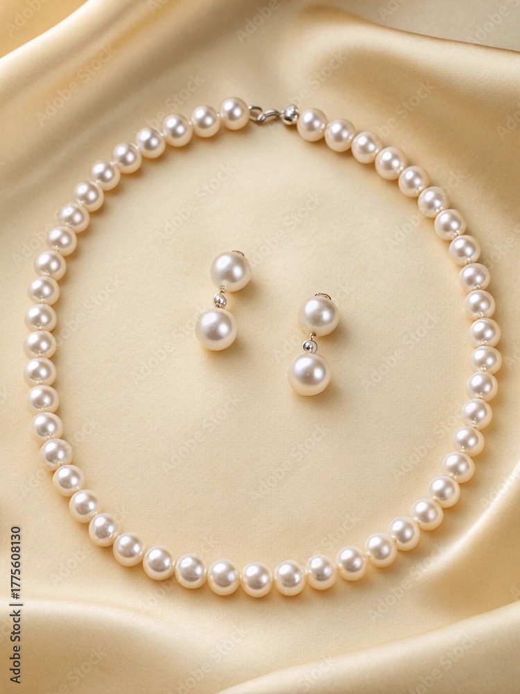 Obraz premium Elegant white pearl necklace and matching earrings displayed on smooth beige satin fabric, showcasing timeless luxury and refined fashion style