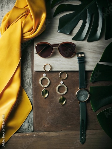 Stylish flat lay of fashion accessories with sunglasses, earrings, watch, satin scarf and tropical leaves on wood surface for editorial use