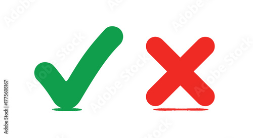 Green check mark and red cross simple flat icons approval and disapproval isolated on white background