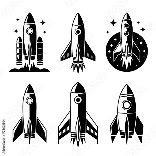 Set of six stylized rocket silhouettes with unique designs, varying sizes, propulsion units, and wing shapes, positioned in different orientations on white background for space