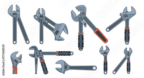Set of adjustable wrench illustrations various sizes and angles element construction and repair services isolated on white background