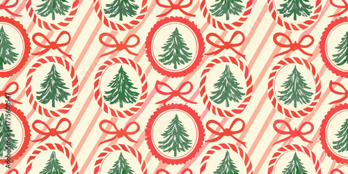 Whimsical christmas tree pattern with candy cane borders and red bows on striped background