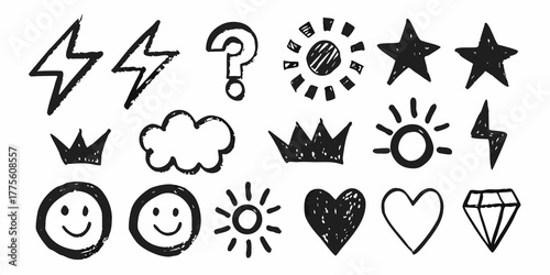 Collection of hand drawn black doodle icons featuring lightning bolts stars suns hearts smiles clouds crowns and a diamond