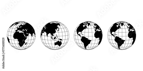 World map globe series displaying continents in oval earth shapes, black and white vector illustration with geographic grid lines for education, travel, and global design concepts