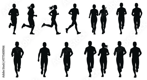 Set of running people silhouettes illustration of active men and women isolated on white background