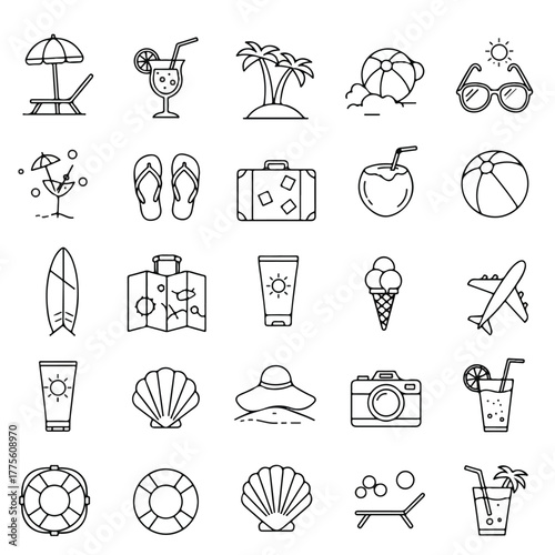 A collection of 25 black line-drawn icons depicting various summer vacation and beach symbols on a white background.