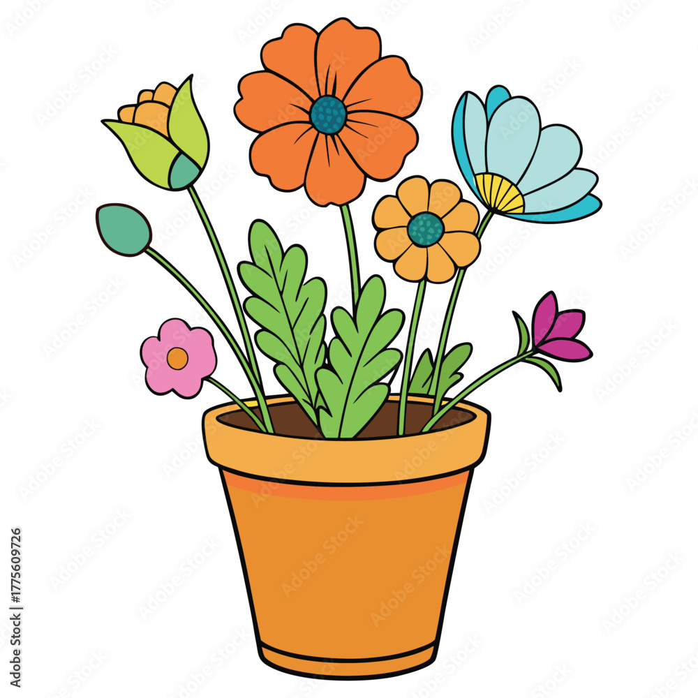Fototapeta premium Garden flowers in a pot. Vector color sketch of summer and spring flowers