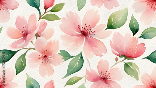 Soft watercolor pink cherry blossom flowers and green leaves seamless pattern