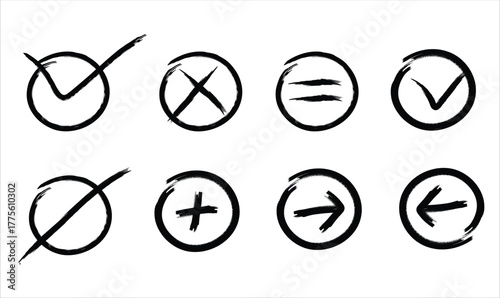 Bild auf Leinwand Hand drawn doodle icons including check marks, crosses, arrows, and symbols in sketch style