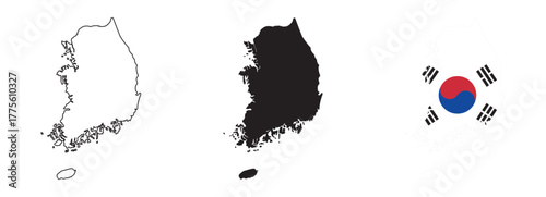 South Korea map vector set editable country outline, black silhouette, and national flag design with red and blue yin yang symbol and black trigrams, isolated for geography, travel, and education use