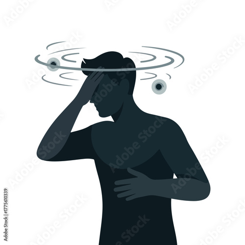 Dizziness Icon or Vertigo Concept Vector. Man with Hand on Head Feeling Dizzy, Unwell, or Faint.