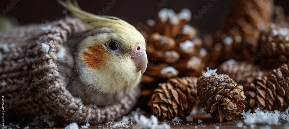Obraz premium Cockatiel in Knitted Sleeve with Pine Cones in Cozy Winter Setting