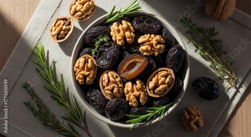 Exquisite Arrangement of Natural Dried Plums alongside Walnuts and Aromatic Herbs