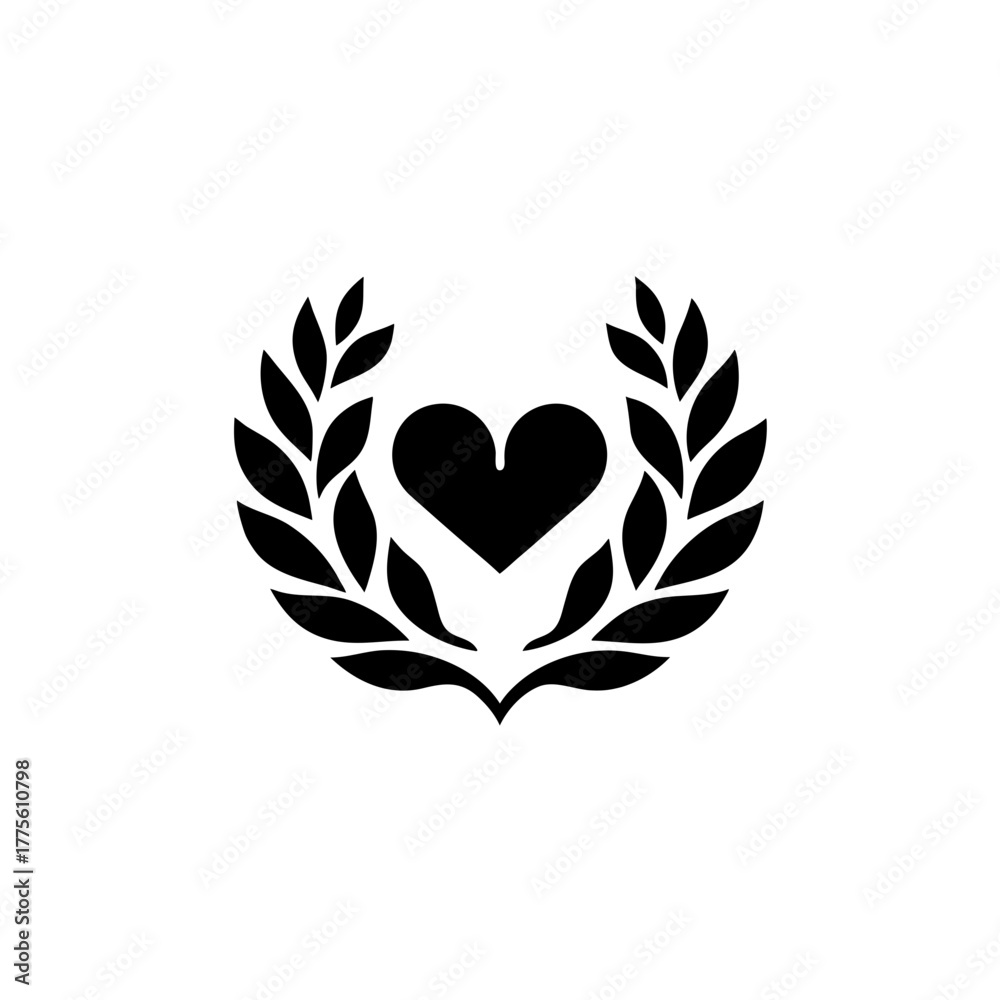 Fototapeta premium Heart encompassed by laurel branches in black color on transparent background silhouette