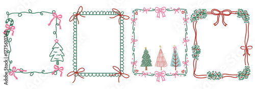 Set of Bow Christmas Frame Hand  Drawn, Vector Illustration Winter Holiday Frames With Decorated with wavy ribbon, perfect for holiday, Christmas invitations, and greeting cards, Christmas Background.