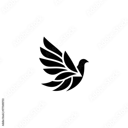 Stylized black bird with feathered wing illustration on transparent background silhouette