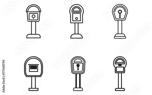 Variety of parking meter icons in outline style representing urban infrastructure and payment solutions for vehicles and parking fees