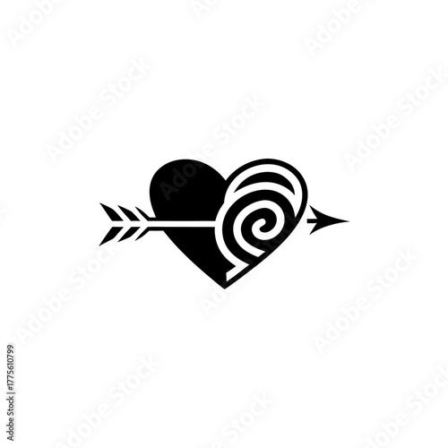 Arrow piercing heart with spiral design valentine love on transparent background silhouette
