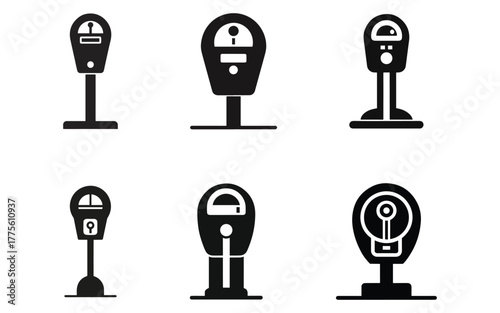 Variety of Parking Meter Silhouette Illustrations Showing Different Designs for Paying Parking Fees in City Areas