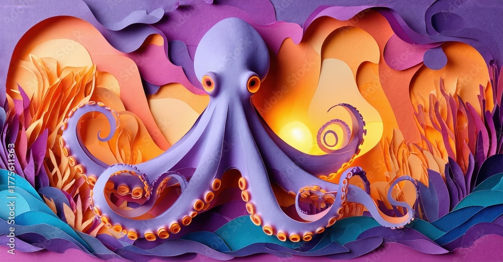Obraz premium Purple octopus amidst layered papercraft ocean scene. Warm sunset colors dominate background, creating vibrant underwater world.