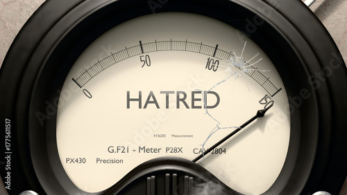 Hatred meter showing high levels of hatred. Dangerously increasing values of hatred, critical overload. Too much, off the charts. Max hatred ,3d illustration