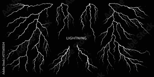 Multiple white lightning strikes on a black background with the word lightning in the center