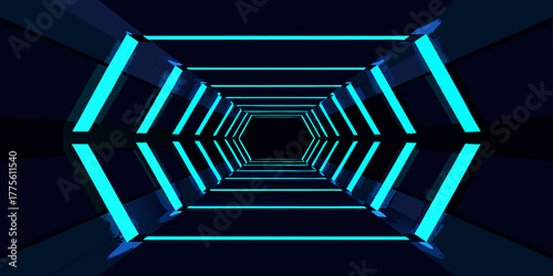 Futuristic hexagonal tunnel with bright cyan neon lights and dark reflective floor