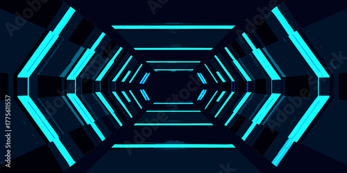 Futuristic hexagonal tunnel with glowing cyan lights and dark interior