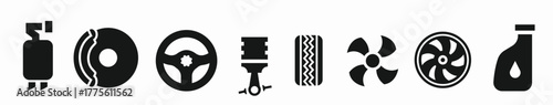 "Car spare parts icon set — perfect for automotive repair, service, and mechanical projects."