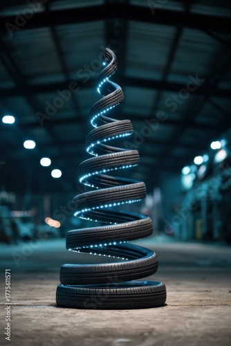 A unique Christmas tree design created from a spiral stack of recycled car tires wrapped in glowing blue LED lights set inside an industrial warehouse space