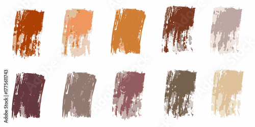 Collection of ten abstract vertical paint brush stroke swatches in earthy and muted tones on a white background