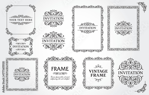 Design elements set, decorative flourish border corner and frame collection for invitation, menu and page decoration