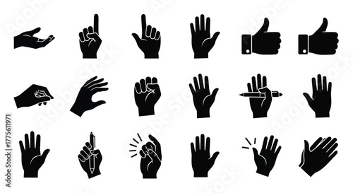 Set of hand gesture icons simple black glyphs user interface isolated on white background