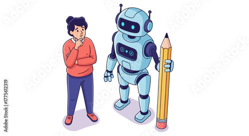 AI writing assistance Robot holding pencil helps human writer offering creative solution generating content perfect for technology education and innovation.