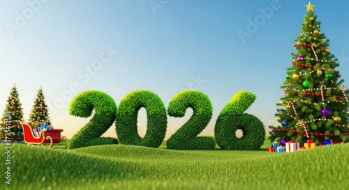 Green 3d numbers 2026 in a grassy field with a christmas tree and sleigh