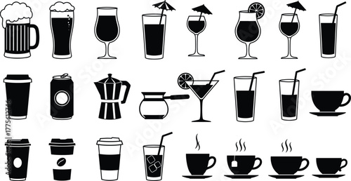 Black and white beverage icons, beer mug, wine glass, cocktail, coffee cup, tea pot, soda can, takeaway drink, steaming tea, vector illustration set
