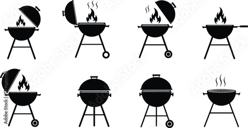 Barbecue grill vector icons, black silhouette cooking equipment, outdoor BBQ design, flame and smoke illustration, summer picnic symbol, charcoal grill artwork, kitchen utensil graphic