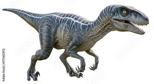 A realistic depiction of a velociraptor dinosaur running, isolated on white background