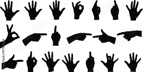 Hand gesture silhouette vector set, black hand signs collection, communication symbols, pointing, ok sign, open palm, fist, peace, thumbs up, isolated icons