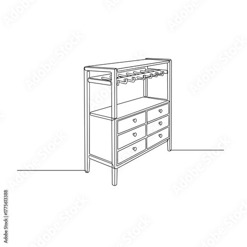 Dresser with drawers and hanging rack in minimalist line art style