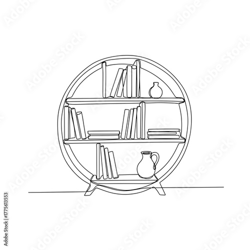 Round bookshelf with books and decor in minimalist line art style
