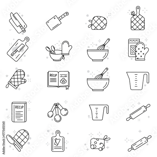 baking ingredients and utensils icons culinary essentials for recipe creation kitchenware tools to make delicious baked goods baking preparation