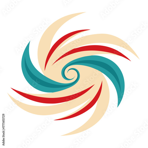 Abstract swirling vortex design with red teal and cream colors silhouette isolated on white background