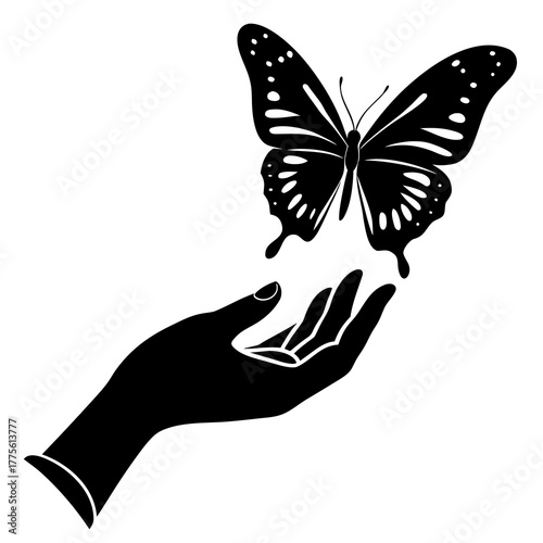 Elegant hand silhouette releasing a beautiful butterfly isolated on white background silhouette