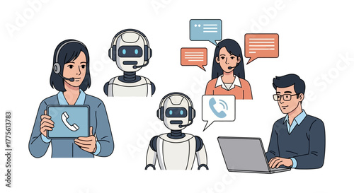 Customer service agents using AI human support with chatbot assistance in a contact center optimizing communication a blend of tech  empathy.