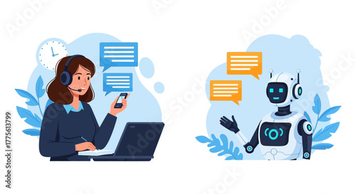 customer service human and chatbot offering assistance working remotely online providing 247 support ideal for business website and communication